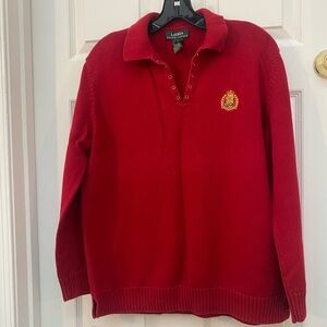 Ralph Lauren 100% Cotton Red Sweater with Gold Embroidered Emblem - L
